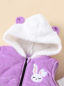 Baby Girl Rabbit Embroidery 3D Ear Design Hooded Teddy Lined Vest Jacket & Sweatshirt & Pants - Purple - View 5