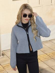 SHEIN EZwear Dây kéo Thả vai Đồ đan Ribbed Áo len Mở - Xám - Xem 3