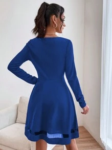 EURMUSE Mesh Detail Long Sleeve Dress - Blue - View 2