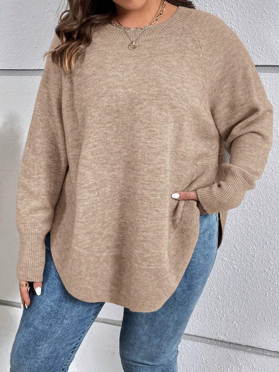 SHEIN Clasi Plus Raglan Sleeve Curved Hem Sweater - Camel - View 1