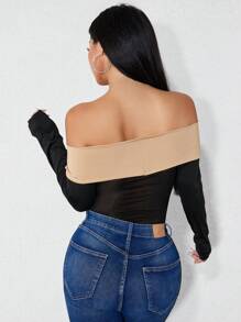 Zolique Off Shoulder Colorblock Mesh Bodysuit Fall Cloth For Women - Black - View 2