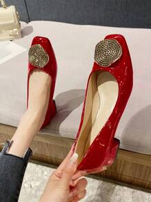 2025 Autumn Fashionable Classic Style Suede Upper With Metal Rhinestone Buckle Square Toe Chunky Heel Flat Shoes For Women - Red - View 5