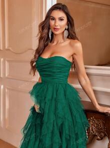 Vestido de novia romántico sin tirantes con falda de tul acampanada y volantes en capas - Perfecto para bodas clásicas, vestido de graduación, recepciones de gala de noche, atuendos de cumpleaños para mujeres, novia