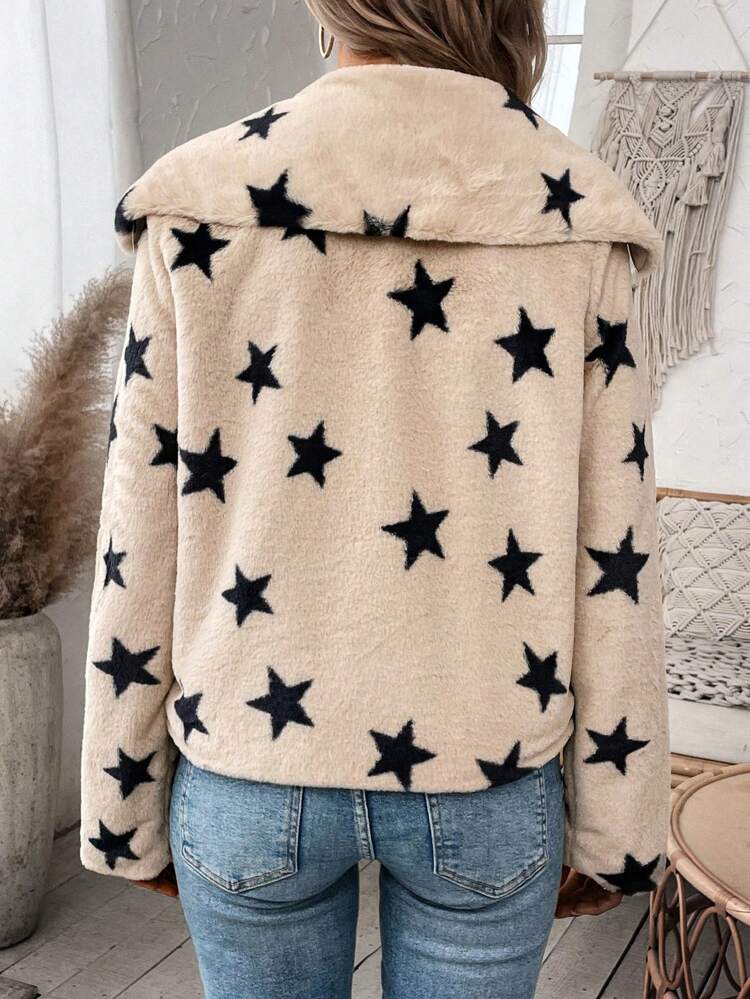 Star Print Open Front Fuzzy Coat