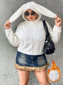 SHEIN Qutie Hơn Thiết kế tai 3D Dây kéo áo có mũ Áo Teddy Jackets - trắng - Xem 1