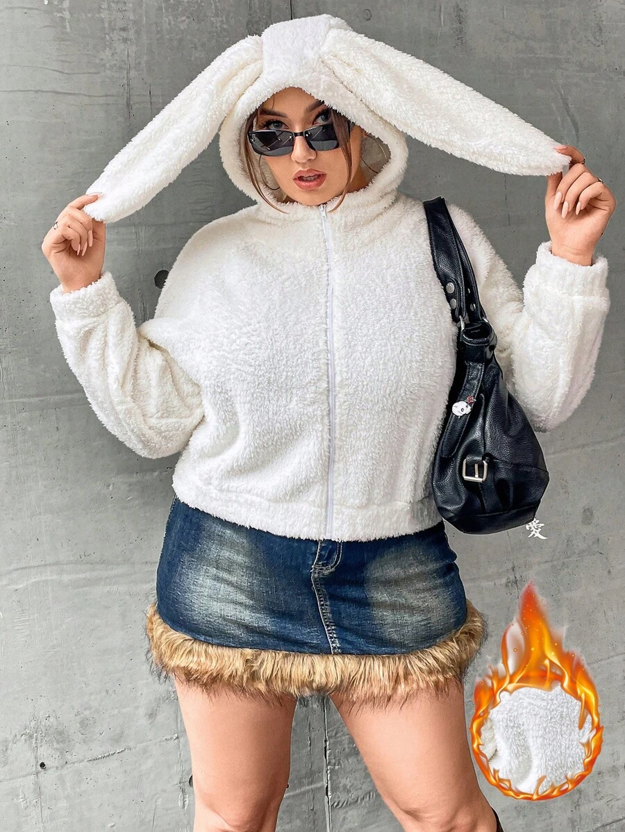 SHEIN Qutie Hơn Thiết kế tai 3D Dây kéo áo có mũ Áo Teddy Jackets - trắng - Xem 1