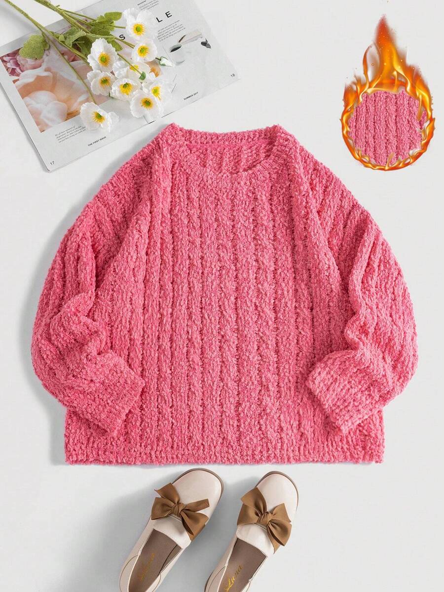 Flirla Plus Solid Ribbed Knit Sweater Knit Pullover Fall Winter Sweater - Hot Pink - View 1