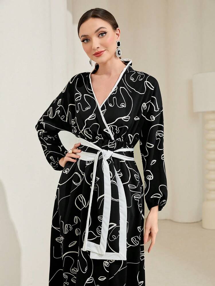 Figure Graphic Lantern Sleeve Belted Dress