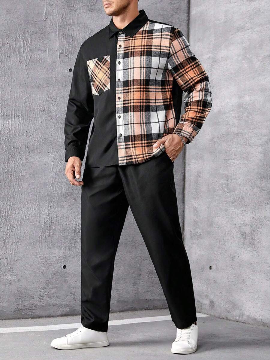 Manfinity Homme Men Plus Plaid Print Shirt & Pants - Black - View 1