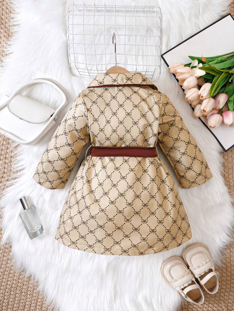 Baby Girl 1pc Allover Print Contrast Binding Double Breasted Belted Coat