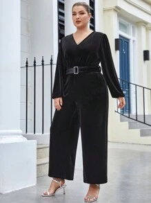 BizChic بدسويت بساق واسع بياقة V حزام مقاس كبير - الأسود - مشاهدة 3