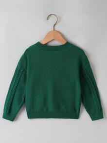 SHEIN 年轻女孩简约扭花花朵细节不对称下摆毛衣 - 綠色 - 查看 2