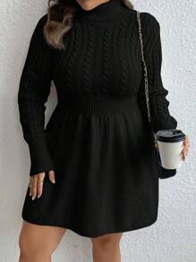 SHEIN LUNE 大碼高領麻花編織毛衣洋裝 - 黑色 - 查看 7