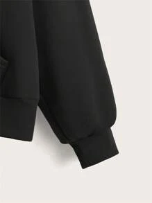 SHEIN EZwear 標語圖案拉鏈開襟加絨內裏抽繩連帽衫 - 黑色 - 查看 4