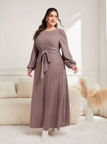 Seusyu Plus Lantern Sleeve Belted Dress - Dusty Pink - View 6