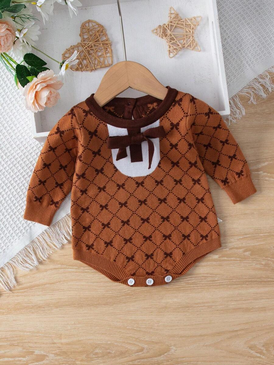 Baby Girl Bow Pattern Contrast Trim Knit Bodysuit - Multicolor - View 1
