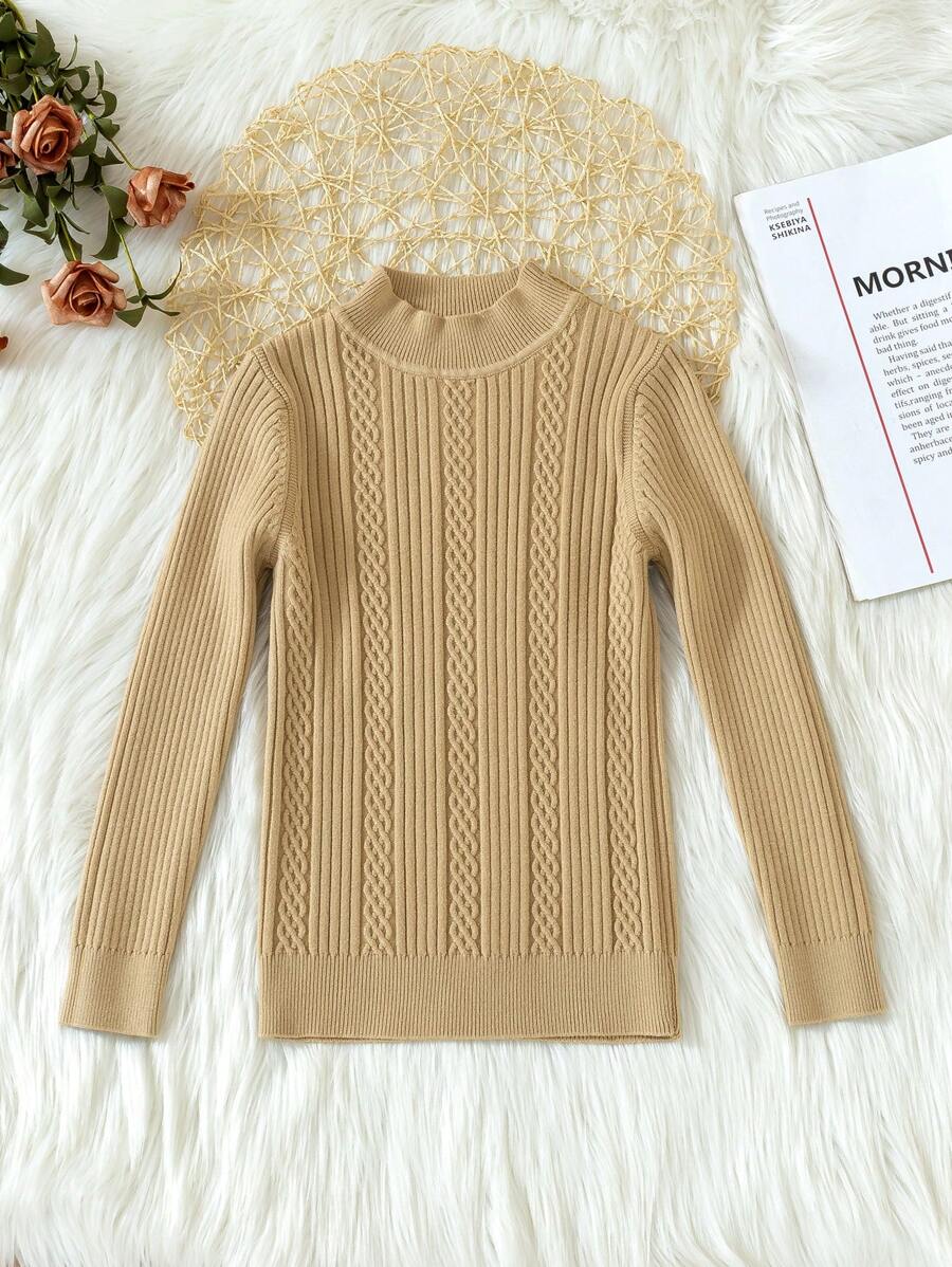 Tween Boy Mock Neck Ribbed Knit Sweater - Khaki - View 1