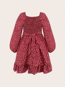 Flirla 大碼紙屑愛心圖案燈籠袖荷葉邊洋裝 - 彩色 - 查看 6