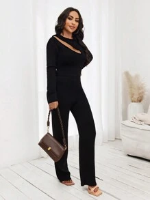 Zolique Cắt bỏ vai Chân bùng Áo liền quần - màu đen - Xem 5