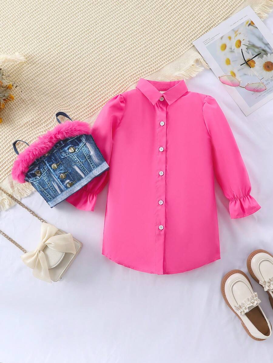 SHEIN 女小童喇叭袖襯衫&毛茸邊牛仔效果印花吊帶上衣 - 玫紅色 - 查看 1