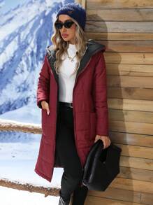 SHEIN LUNE Dual Pocket Hooded Padded Padded Coat Clothes Winter - Burgundy - View 6
