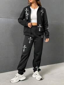 SHEIN Unity Pha lê Hoa văn chữ thập Áo Zip Up Hoodie & Quần nỉ - màu đen - Xem 6