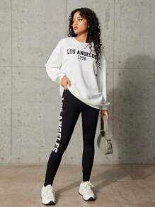 青少年女孩字母圖案落肩袖連帽衫和緊身褲 - 黑與白 - 查看 6