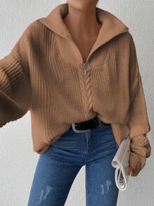 EURMUSE Women's Solid Color Drop Shoulder Half-zip Sweater - Camel - View 4