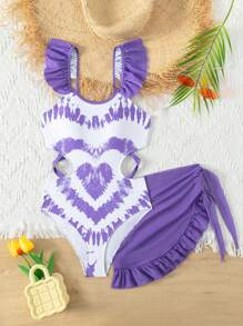 SHEIN Teen Girl Heart Print Ruffle Trim One Piece Swimsuit With Beach Skirt - Multicolor - View 1