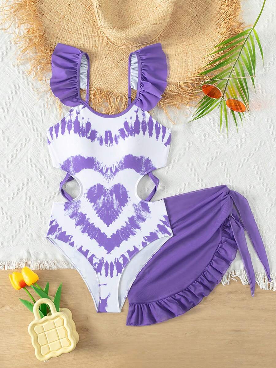 SHEIN Teen Girl Heart Print Ruffle Trim One Piece Swimsuit With Beach Skirt - Multicolor - View 1