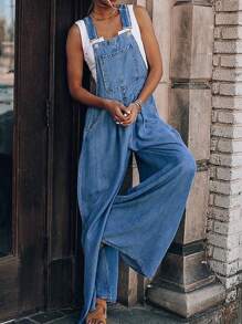 Women's Casual Long Denim Overalls With Straps And Pockets Wide Leg Jumpsuit Woven Fabric Inelastic Fabric, Comfortable In All Seasons | Christmas Party Atmosphere Items - 中等水洗藍 - 查看 3