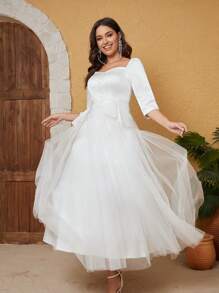 雞心領口網紗邊婚紗洋裝 - 白色 - 查看 2