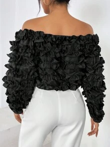 SHEIN Privé 一字肩褶邊燈籠袖短款襯衫 - 黑色 - 查看 2