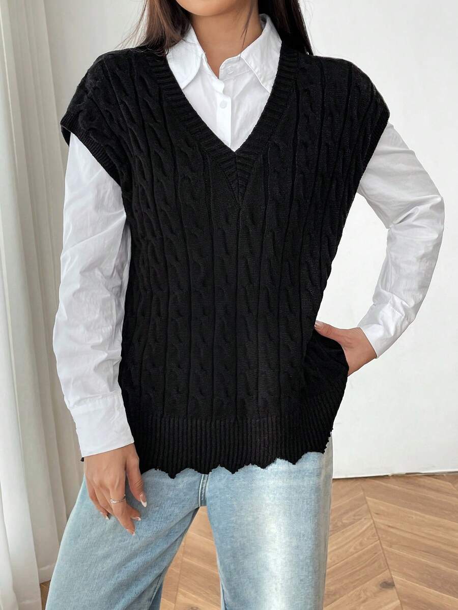 SHEIN EZwear 1 Miếng Xoắn Dan Cắt vỏ sò Áo len vest - màu đen - Xem 1