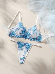 SHEIN Floral Embroidery Mesh Underwire Lingerie Set - Royal Blue - View 5
