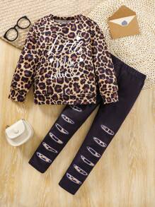 SHEIN 女小童豹紋&字母圖案T恤和緊身褲