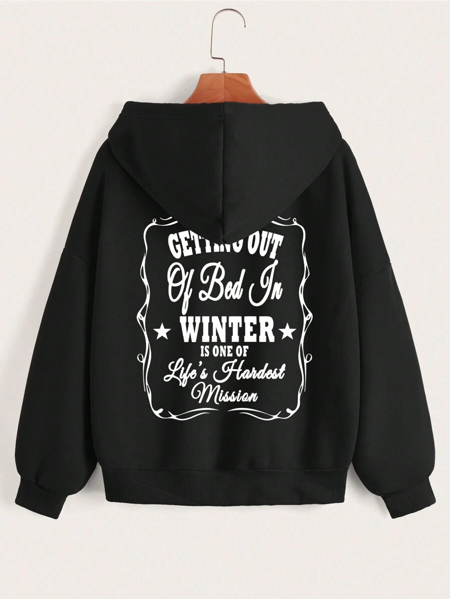 SHEIN EZwear 標語圖案拉鏈開襟加絨內裏抽繩連帽衫 - 黑色 - 查看 1