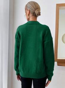 EURMUSE Đứng cổ áo Màu thuần Thả vai Áo len - màu xanh lá - Xem 2