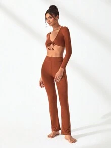 SHEIN Sports Camiseta crop unicolor con cordón delantero con pantalones - Marrón - Ver 7