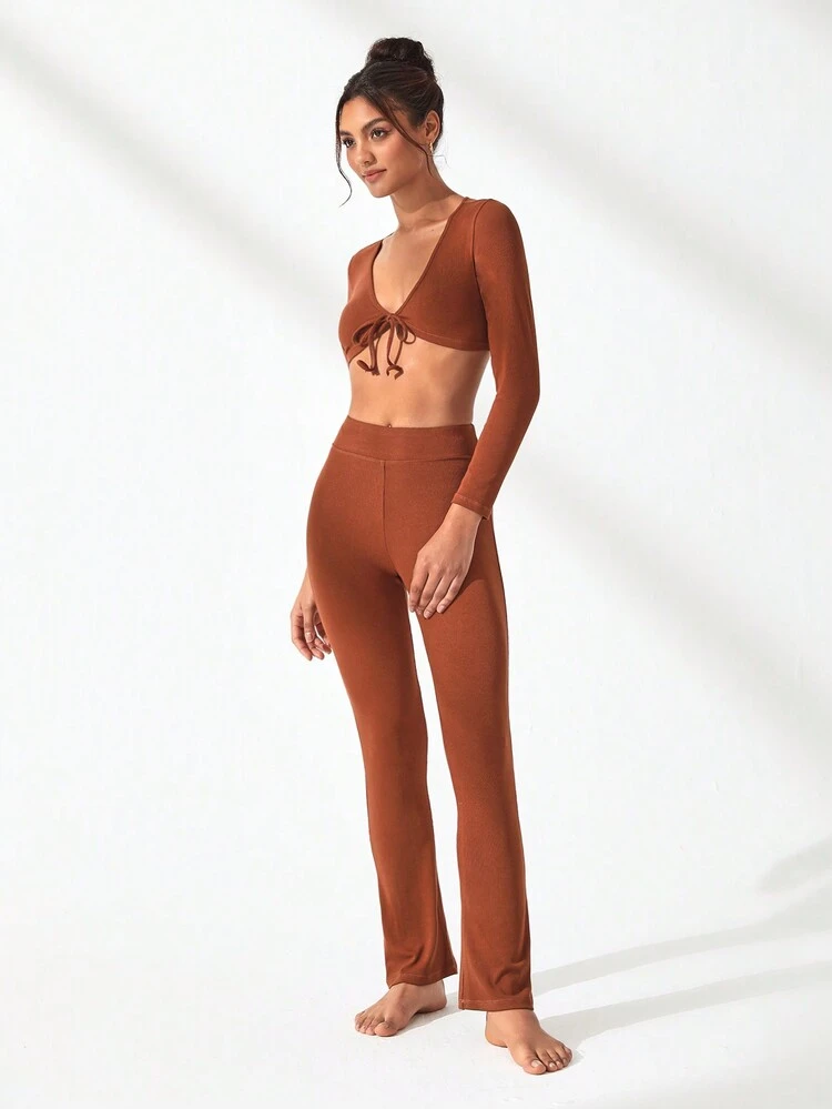 Solid Tie Front Crop Tee & Pants