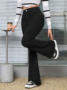 SHEIN PETITE 高腰牛仔喇叭褲 - 黑色 - 查看 5