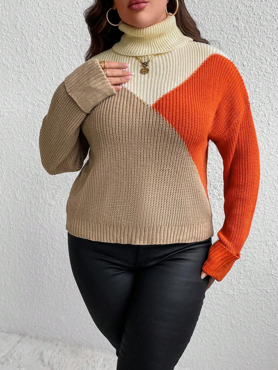 SHEIN Unity Suéter de cuello alto con bloques de color, hombros caídos, tejido de punto, para otoño e invierno - Multicolor - Ver 1