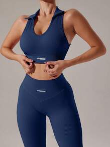 SHEIN Sport Studio Letter Patched V-Collar Wide Waistband Sports Set Workout Women Setwomen Workout Set Women Leggings Set