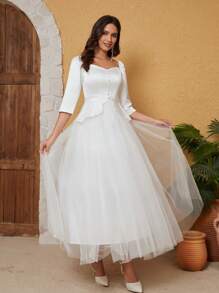 雞心領口網紗邊婚紗洋裝 - 白色 - 查看 5