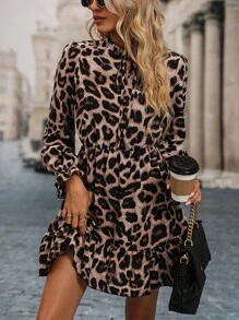 SHEIN LUNE 豹紋印花繫帶領荷葉袖荷葉邊洋裝