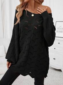 SHEIN Clasi Women's Hollow Out Knit Drop Shoulder Sweater - Black - View 3