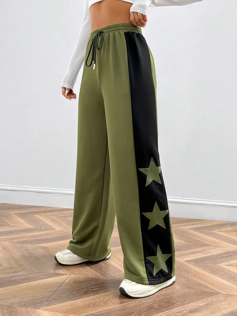 SHEIN EZwear 女式綠色針織汗褲,印有星星圖案 - 彩色 - 查看 1