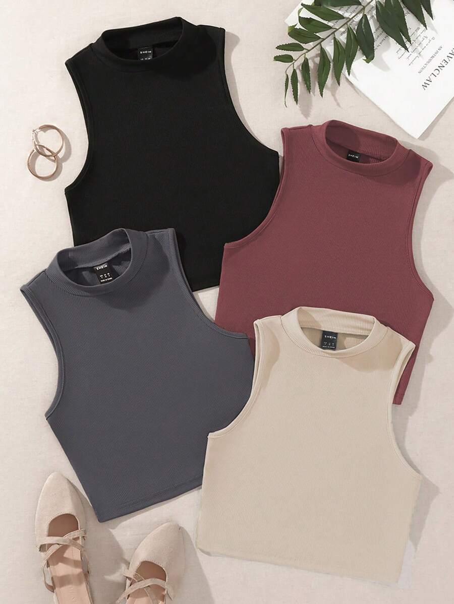 SHEIN Unity 4pcs Solid Mock Neck Ribbed Knit Tank Top - Multicolor - View 1