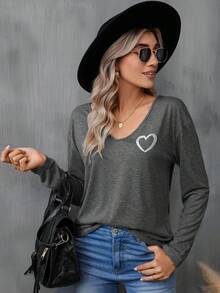 SHEIN LUNE In Trái tim Cổ v Áo thun - Màu xám đen - Xem 2