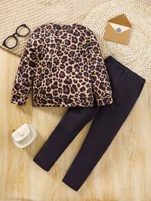 SHEIN 女小童豹紋&字母圖案T恤和緊身褲